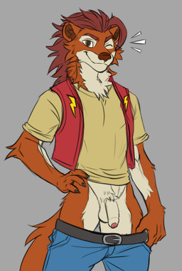 anthro balls bottomwear bottomwear_down brown_body brown_eyes brown_fur clothed clothing foreskin fur genitals looking_at_viewer male no_underwear one_eye_closed pants pants_down partially_clothed penis presenting presenting_penis simple_background smile smiling_at_viewer solo wink winking_at_viewer sgt.fleischsalat nikoderiko herpestid mammal mongoose absurd_res flat_colors hi_res