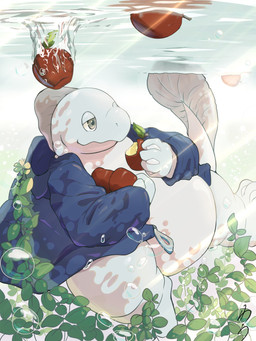 ambiguous_gender anthro apple belly clothing coat food fruit fully_submerged kemono plant raincoat solo topwear x_itsukiwaw 3:4 hi_res