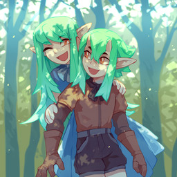 black_bottomwear black_clothing black_pants bottomwear brown_clothing brown_gloves brown_handwear brown_topwear clothed clothing duo female front_view gloves green_hair hair handwear humanoid_pointy_ears light_body light_skin long_hair not_furry one_eye_closed open_mouth open_smile orange_eyes outside pants plant pointy_ears pupils smile standing topwear tree unsigned white_pupils corzh77 elf humanoid 1:1 absurd_res hi_res