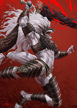 abs action_pose anthro armor biped breastplate claws digitigrade fangs finger_claws fur greaves hair headgear helmet holding_melee_weapon holding_object holding_sword holding_weapon male melee_weapon muscular muscular_male open_mouth pawpads pose solo sword teeth vambrace weapon white_body white_fur white_hair amon-sydonai elden_ring fromsoftware maliketh_(elden_ring) canid canine canis mammal wolf 2022 digital_media_(artwork) hi_res