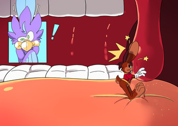 3_toes 4_fingers 5_fingers anthro beak big_feet big_tongue cartoon_gloves cheek_bulge clothing duo eyewear feet fingers glasses in_mouth inside_mouth macro male male/male mawplay micro orange_tongue paws shirt slapstick slapstick_humor tail thick_tongue toes tongue toony toony_expression toony_moment topwear uvula uvula_play vore wearing_glasses wide_tongue wing_fingers klizlove roderick_(tamerkoh) toon_twack_(klizlove) twack_(klizlove) avian bird lagomorph leporid mammal rabbit absurd_res hi_res