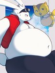 anthro belly big_belly bodily_fluids clothed clothing duo fur long_ears male overweight overweight_anthro overweight_male red_eyes sweat sweatdrop white_body white_fur taka_fin9623 summer_wars king_kazma polly_possum lagomorph leporid mammal rabbit rodent sciurid tree_squirrel hi_res