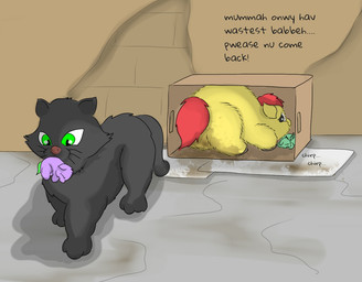 ambiguous_feral ambiguous_gender baby_talk black_body black_eyes black_fur box cardboard cardboard_box container dialogue dirty eyes_closed feces feral fur green_eyes group hair hooves kidnapping lying mouth_hold neonate on_front paws purple_body purple_fur red_hair red_tail sleeping tail teal_body teal_fur teal_tail text walking whiskers wings yellow_body yellow_fur young young_ambiguous young_feral carpdime fluffy_pony domestic_cat felid feline felis fluffy_pony_(species) mammal digital_media_(artwork) english_text shaded