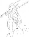 2004 amazon_(polar) anthro anus armadillo black_and_white ear_piercing female genitals jeremy_mullins mammal melee_weapon monochrome nude piercing pussy simple_background solo sword weapon white_background xenarthran