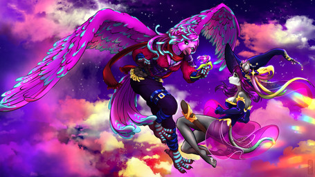 anthro avian_feet beak belt black_sclera blue_eyes breasts chest_tuft claws clothed clothing cloud detailed_background duo feather_markings feathers feet female floating flower flying_broom fully_clothed fur grey_body grey_fur hair happy hat headgear headwear long_hair markings midair neck_tuft non-mammal_breasts offering_to_another open_mouth pawpads plant purple_body purple_feathers scarf scutes size_difference sky skyscape smile smiling_at_another spread_wings tail tail_feathers talon_hands talons toes translucent translucent_clothing tuft wings witch_hat tsupa-kara european_mythology greek_mythology mythology ruriko_(saintessofflame) avian bird domestic_cat felid feline felis mammal mythological_avian mythological_bird mythological_creature mythological_firebird phoenix 16:9 hi_res widescreen