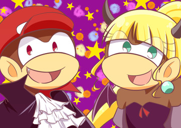 baseball_cap blonde_hair brown_body brown_fur clothing duo ear_piercing female fur hair hat headgear headwear holidays horn jewelry looking_at_viewer male membrane_(anatomy) membranous_wings piercing smile suit wings runapiero00 donkey_kong_(series) halloween nintendo diddy_kong dixie_kong haplorhine kong mammal monkey primate