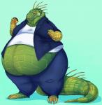 anthro barefoot belly belly_overhang big_belly biped burger claws clothed clothing dewlap_(anatomy) double_chin feet food fully_clothed gular_flap head_spines holding_food holding_object love_handles male moobs obese obese_anthro obese_male open_mouth overweight overweight_anthro overweight_male scales solo spines standing sub-tympanic_shield tail tail_spines thick_tail thick_thighs toe_claws tongue yellow_eyes oreocakes green_iguana iguana iguana_(genus) iguanid lizard reptile scalie hi_res