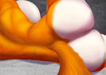 anthro athletic bed big_breasts big_butt breasts butt crossgender female fluffy fluffy_tail fur furniture fuzzy huge_breasts huge_butt lying nude nude_anthro nude_female on_side orange_body orange_fur rear_view solo tail toned_body toned_female tuft white_body white_fur fira.arts kila_arrow canid canine fox mammal red_fox true_fox absurd_res hi_res