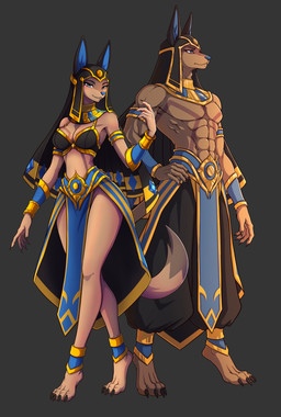 4_toes 5_fingers abs anthro anthrofied athletic athletic_anthro athletic_male blue_nose bottomwear breasts claws clothed clothed_anthro clothed_male clothing duo egyptian egyptian_clothing feet female finger_claws fingers fur headdress hindpaw humanoid_hands male paws pecs skirt standing tail tan_body tan_fur toe_claws toes canvaszer0 palworld pocketpair anubis_(pal) canid mammal pal_(species) absurd_res hi_res