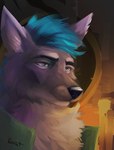 anthro black_nose blue_eyes blue_hair fur hair male purple_body purple_fur solo kovat mox_(antillion123) canid canine fox mammal 2025 digital_media_(artwork) headshot_portrait portrait