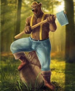 anthro axe boots bottomwear bulge chest_tuft clothed clothing denim denim_bottomwear denim_clothing footwear forest hat headgear headwear holding_axe holding_object holding_tool holding_weapon jeans looking_at_viewer lumberjack male melee_weapon muscular navel nipples open_mouth outside overalls overweight overweight_male pants plant shoes smile solo standing tools topless tree tuft weapon satanic_monkey bear mammal 2017 hi_res