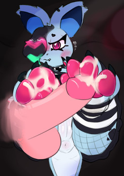 alternative_fashion anthro anus bodily_fluids bottomless bottomless_female bottomwear clothed clothing collar cum cum_on_feet duo emo feet female fishnet_clothing fishnet_legwear foot_fetish foot_play footjob footwear genital_fluids genitals legwear male male/female pawpads penile penis red_pawpads sex shy skirt socks vulva clusterful nintendo pokemon hazel_(clusterful) generation_1_pokemon nidorina pokemon_(species) hi_res