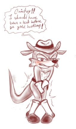 anthro blush clothing dialogue full_bladder hat headgear headwear holding_crotch knock-kneed male omorashi potty_dance simple_background solo text white_background cephalofille sega sonic_the_hedgehog_(series) fang_the_hunter dipodid jerboa mammal rodent hi_res
