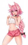 2018 5_fingers animal_humanoid astolfo_(fate) blush bottomwear bulge canid canid_humanoid canine canine_humanoid choker clothed clothing crop_top cute_fangs digital_media_(artwork) fate_(series) fingers front_view fur girly hair hevn_(artist) hotpants humanoid jewelry long_hair looking_at_viewer male mammal mammal_humanoid midriff navel necklace open_mouth pink_body pink_eyes pink_fur pink_hair portrait shirt shorts simple_background smile solo standing three-quarter_portrait topwear type-moon white_background wide_hips wolf_humanoid