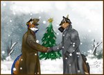 anthro armor beard black_nose border clothing coat detailed_background duo eyewear facial_hair fingerless_gloves gesture glasses gloves handshake handwear hat headgear headwear helmet holidays male military military_uniform orange_border plant snow soldier topwear tree trenchcoat uniform war warrior world_war_1 cj_fauxx~ christmas canid canine canis domestic_dog fox german_shepherd herding_dog mammal pastoral_dog 2021 digital_media_(artwork) hi_res