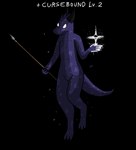 black_horn feet female floating genitals glowing glowing_eyes glowing_hands horn magic melee_weapon nude polearm purple_body pussy simple_background singularity solo spear speckled_body tail text transparent_background weapon white_eyes fogspot constellation_kobold kobold scalie alpha_channel english_text