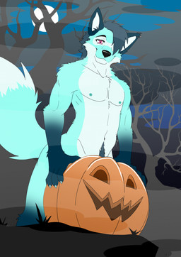 anthro arm_tuft body_hair claws dipstick_tail ear_piercing ear_ring elbow_tuft eyebrows fingers food for_a_head forest forest_background fruit fur happy_trail holidays looking_at_viewer male mane markings nature nature_background nipples piercing plant pumpkin ring_piercing smile solo tail tail_markings tree tuft ariesartist halloween kaibly_(kaibly) canid canine mammal maned_wolf object_head hi_res