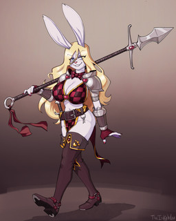 anthro armor belt big_breasts blonde_hair blue_eyes boots bottomwear bow_tie bra bracers breasts checkered checkered_clothing checkered_topwear clothing female fingerless_gloves footwear gloves hair hair_over_eye handwear heart_symbol key legwear loincloth long_boots long_hair melee_weapon one_eye_obstructed pattern_clothing pattern_topwear pauldron polearm scar shoes smile smiling_at_viewer solo spear sword thigh_boots thigh_highs topwear unconvincing_armor underwear weapon naughtyjester fan_character lagomorph leporid mammal rabbit 2023 absurd_res hi_res signature