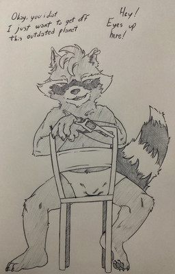 anthro claws clothed clothing fur gun hair looking_at_viewer male piercing ranged_weapon smile solo tail teeth text weapon bug_eater guardians_of_the_galaxy marvel marvel_rivals rocket_raccoon mammal procyonid raccoon absurd_res hi_res traditional_media_(artwork)