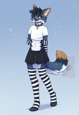 anthro armwear black_bottomwear black_claws black_clothing black_hair black_skirt blep blush bottomwear claws clothed clothing collar crossdressing fangs femboy green_eyes green_tongue hair legwear looking_away male pattern_armwear pattern_clothing pattern_legwear pattern_stockings shirt short_hair shy skirt solo standing stockings striped_armwear striped_clothing striped_legwear striped_stockings stripes tail tail_motion tailwag teeth tongue tongue_out topwear white_clothing white_shirt white_topwear fleurfurr canid canine fox mammal colored digital_drawing_(artwork) digital_media_(artwork) hi_res shaded