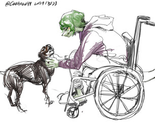 anthro clothed clothing disability duo female feral footwear green_body green_hair hair hoodie shoes simple_background slippers topwear vehicle wheelchair white_background catheadyy cavemanon_studios i_wani_hug_that_gator olivia_halford baryonyx canid canine canis dinosaur domestic_dog mammal prehistoric_species reptile scalie spinosaurid theropod absurd_res digital_media_(artwork) digital_painting_(artwork) hi_res painting_(artwork) sketch