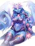 absolute_territory anthro anthrofied armor bloom blue_body blue_eyes blue_hair blue_scales blurred_background bracers braided_hair breasts choker claws cleavage_cutout clothing crown cutout fangs female female_anthro gem hair headgear jewelry knee_pads legwear long_hair looking_away medium_breasts membrane_(anatomy) membranous_wings navel necklace neutral_expression non-mammal_breasts non-mammal_navel orange_gem scales sitting skindentation slim slim_anthro slim_female small_fangs solo sparkles stippling tail tail_tuft teeth text thick_thighs thigh_highs thigh_window tuft unconvincing_armor wing_claws wings dexechii_(artist) dota european_mythology mythology valve auroth_the_winter_wyvern dragon furred_wyvern mythological_creature mythological_scalie scalie western_dragon wyvern 2025 absurd_res artist_name digital_media_(artwork) english_description hi_res portrait three-quarter_portrait watermark