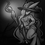 anthro clothed clothing female hair hat headgear headwear long_ears long_hair looking_at_viewer rabbit_ears scepter short_tail simple_background skimpy solo staff tail witch_hat flophelia hare lagomorph leporid mammal rabbit 1:1 hi_res monochrome