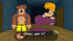 anthro bottomwear brown_body brown_fur clothed clothing coffin dialogue duo footwear fur hair jewelry looking_at_viewer male necklace pants smile speech_bubble text yellow_bottomwear yellow_clothing yellow_pants porky_draws banjo-kazooie nickelodeon rareware rayman_(series) spongebob_squarepants ubisoft banjo_(banjo-kazooie) rayman bear humanoid mammal raypeople_(rayman) 16:9 absurd_res crossover digital_media_(artwork) hi_res widescreen