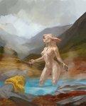 anthro breasts female fur genitals hair hot_spring jewelry landscape legs_in_water mountain necklace nude outside painting partially_submerged pussy solo standing standing_in_water steam submerged_legs towel water wet white_body white_fur pinguinolog lagomorph leporid mammal rabbit hi_res