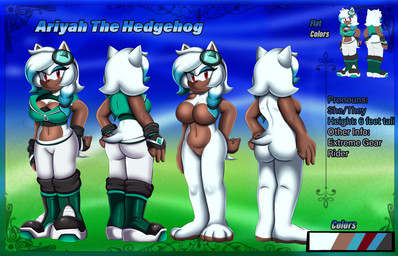 anthro boots breasts cleavage clothed clothing crop_top eyewear eyewear_on_head featureless_crotch female footwear gloves goggles goggles_on_head handwear shirt shoes solo text topwear pridark sega sonic_the_hedgehog_(series) ariyah_the_hedgehog eulipotyphlan hedgehog mammal absurd_res english_text hi_res model_sheet shaded trans_(lore)