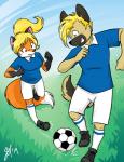 anthro ball blonde_hair blush brown_body brown_fur clothed clothing duo female fur hair male orange_body orange_fur soccer_ball j3t canid canine canis domestic_dog fox german_shepherd herding_dog mammal pastoral_dog 2019