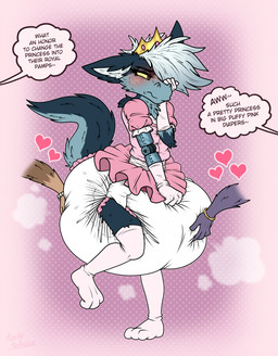 3_toes 4_fingers abstract_background anthro big_diaper blue_body blue_fur blush blush_lines bottomwear bracelet brown_body brown_fur butt butt_grab clean_diaper clothed clothing crossdressing crown dancewear dialogue diaper embarrassed feet fingers fluffy fluffy_tail footwear fur gloves hair hand_on_butt hand_on_diaper hand_on_face handwear headgear heart_symbol huge_diaper jewelry maid_uniform male on_one_leg pantsless pink_clothing pink_footwear pink_gloves pink_handwear pink_socks prosthetic prosthetic_arm prosthetic_limb purple_body purple_fur raised_tail red_eyes skirt socks solo speech_bubble standing tail text tiara toes touching_diaper tutu uniform wearing_diaper white_body white_diaper white_fur white_hair yellow_sclera poofbuttrocky mythology grim_(poofbuttrocky) dragon furred_dragon furred_scalie mythological_creature mythological_scalie scalie english_text hi_res signature