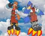 anthro belt blue_body blue_feathers boots clothing cloud duo feathers flight_suit flying footwear holstered_pistol jacket jewelry male orange_body orange_feathers rocket_boots scarf shoes topwear how-did-we-get-here nintendo star_fox falco_lombardi regdeh 5:4 hi_res