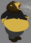 anthro belly big_belly burping claws clothed clothing eyes_closed fur hand_on_belly living_image male mane obese obese_anthro obese_male onomatopoeia open_mouth overweight overweight_anthro overweight_male presenting_belly solo sound_effects standing teeth text tongue whiskers yellow_body yellow_fur beartubbs felid lion mammal pantherine english_text