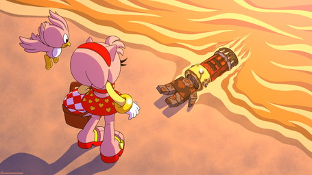 anthro beach biped bottomwear clothed clothing detailed_background eyelashes feathered_wings feathers female feral flying high-angle_view larger_female outside pink_body red_clothing robot_arm shadow size_difference skirt smaller_feral swimwear water wings omegasunburst sega sonic_the_hedgehog_(series) amy_rose e-102_gamma avian eulipotyphlan hedgehog mammal 16:9 absurd_res hi_res widescreen