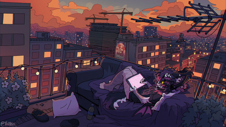 anthro black_hair city cityscape cloud drawing_tablet fur furniture grey_body grey_fur hair light male membrane_(anatomy) membranous_wings on_sofa outside plant_pot red_hair sofa solo sunset text wings vulkiri domestic_cat felid feline felis mammal absurd_res english_text hi_res