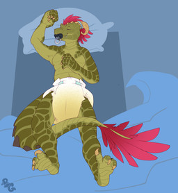 3_fingers 3_toes ambiguous_gender anthro bed bedding bedwetting black_pacifier blanket bodily_fluids claws clothed clothing diaper diaper_only drooling eyes_closed feathers feet finger_claws fingers furgonomics furniture furry-specific_piercing genital_fluids green_body green_scales green_tail hair hand_on_chest head_horn high-angle_view horn horn_jewelry horn_piercing horn_ring jewelry logo lying navel nocturnal_enuresis non-mammal_navel object_in_mouth on_back on_bed on_pillow pacifier pacifier_in_mouth piercing pillow plantigrade red_hair red_tail_feathers ring_(jewelry) saliva scales scaly_tail sleeping smile snaggle_tooth solo spiked_tail spikes spikes_(anatomy) tail tail_feathers toe_claws toes topless unclean_diaper urine used_diaper using_diaper wearing_diaper wet_diaper wetting wetting_diaper white_diaper yellow_claws bubblepuppers microsoft the_elder_scrolls keerha argonian scalie absurd_res artist_logo full-length_portrait hi_res portrait