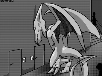 bathroom beak bodily_fluids claws crossed_legs door eyes_closed feet full_bladder group holding_crotch humor male membrane_(anatomy) membranous_wings nude omorashi potty_dance public silhouette solo_focus standing sweat tail talons toe_claws toes uhoh wings conditional_dnp grumpyvulpix metroid mythology nintendo ridley alien dragon human mammal mythological_creature mythological_scalie reptile scalie space_dragon_(metroid) 2014 4:3 digital_media_(artwork) greyscale monochrome screentone