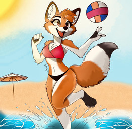 anthro ball beach beach_umbrella bikini chest_tuft clothing female inner_ear_fluff open_mouth parasol sand solo sun swimwear tuft two-piece_swimsuit volleyball_(ball) heluvabadartist canid canine fox mammal hi_res