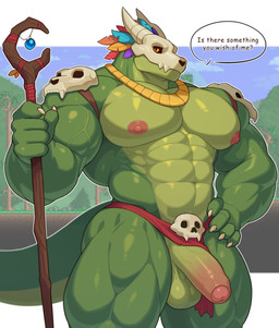 abs anthro areola balls barazoku biceps big_muscles big_pecs bone bone_mask bottomwear bottomwear_aside clothing clothing_aside forearm_muscles foreskin fur genitals green_body hand_on_hip humanoid_genitalia humanoid_penis loincloth loincloth_aside looking_at_viewer male male_anthro mask muscular muscular_anthro muscular_arms muscular_male muscular_thighs nipples nude obliques pecs penis quads serratus simple_background skull skull_mask solo stocky tail text trapezius triceps v-cut vein veiny_muscles veiny_penis doodledaeng terraria witch_doctor_(terraria) lihzahrd lizard reptile scalie english_text hi_res