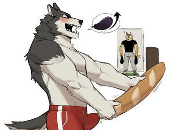 anthro baguette biped black_body black_fur blush bread brown_body brown_fur bulge claws clothing countershading duo eggplant finger_claws food fruit fur male multicolored_body multicolored_fur muscular muscular_male open_mouth open_smile plant simple_background smile tan_body tan_fur tenting two_tone_body two_tone_fur underwear white_background white_body white_fur impwitter canid canine canis domestic_dog husky mammal nordic_sled_dog spitz 2022 digital_media_(artwork) hi_res