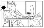 2017 anthro belt beverage caltro canid canine clothed clothing comic computer dialogue disney dress electronics english_text eyebrows fox male mammal monochrome nick_wilde o_o offscreen_character reaction_image simple_background solo text white_background zootopia