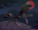 anthro bared_teeth dark digitigrade fluffy fluffy_tail looking_at_viewer male moon outside side_view solo standing tail kira_larsson mythology canid canine mammal mythological_canine mythological_creature werecanid werecanine werecreature werewolf hi_res