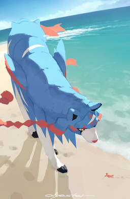 ambiguous_gender beach blue_body blue_fur claws cloud duo feral fur red_body sand sea sky tail water yellow_eyes olyester nintendo pokemon arthropod canid canine crab crustacean decapod generation_8_pokemon hero_of_many_battles_zacian legendary_pokemon malacostracan mammal pokemon_(species) zacian 2025 signature