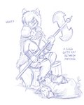 anthro axe battle_axe breasts cape clothing dialogue double_bitted_axe feed_bag female fur hair melee_weapon nipples solo text weapon flinters equid equine horse mammal 2020 4:5 blue_and_white english_text hi_res monochrome