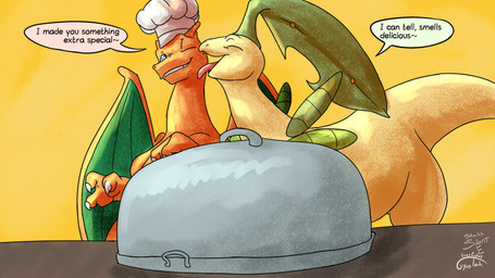 ambiguous_gender cheek_lick chef_hat clothing duo eyes_closed face_lick feral hat headgear headwear imminent_vore licking platter text tongue yellow_body gyrotech silent_e nintendo pokemon falvev_(pearion) bayleef charizard generation_1_pokemon generation_2_pokemon pokemon_(species) 16:9 english_text hi_res widescreen