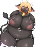 ahoge animal_print animal_print_bikini anthro areola armwear bell bell_collar belly belly_overhang big_breasts bikini biped black_body black_fur blonde_hair blush bovid bovine breasts cattle cleavage clothed clothing collar cow_print cow_print_bikini cowbell cupless_bra elbow_gloves eyewear female female_anthro fur glasses glistening glistening_body glistening_breasts glistening_fur glistening_hair gloves grey_eyes hair hands_behind_back handwear hi_res horn huge_breasts ineffective_clothing inverted_nipples kemono legwear looking_at_viewer mammal monotone_body monotone_fur navel neck_tuft nipples overweight overweight_anthro overweight_female pattern_bikini pattern_clothing pattern_swimwear pince-nez pink_areola pink_inner_ear pink_nipples shibaemonxsk short_hair shy simple_background skimpy solo standing string_bikini swimwear tail tail_tuft thick_thighs thigh_highs tuft white_background wide_hips