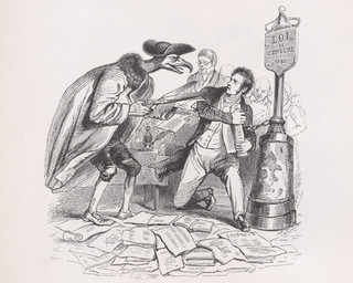 anthro bottle bound chain chained clothing container eyewear glasses hat headgear headwear holding_object holding_scissors inkwell male newspaper on_knee protecting scissors text threatening wearing_glasses jean_grandville public_domain accipitriform avian bird human mammal vulture 1836 19th_century ancient_art cross-hatching french_text hatching_(art) hi_res monochrome shaded traditional_media_(artwork)