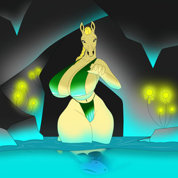 anthro big_breasts bikini blue_light braided_hair breasts cave clothing female flower green_bikini green_clothing green_eyes green_swimwear hair huge_breasts plant solo swimwear thick_thighs tong two-piece_swimsuit walking water wide_hips signum-factorem aquatic equid equine fish horse mammal 1:1 absurd_res hi_res
