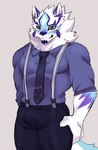 anthro facial_markings fur head_markings male markings muscular muscular_anthro muscular_male necktie pecs solo suspenders white_body white_fur nokia1124_a lifewonders live_a_hero sadayoshi canid canine mammal hi_res